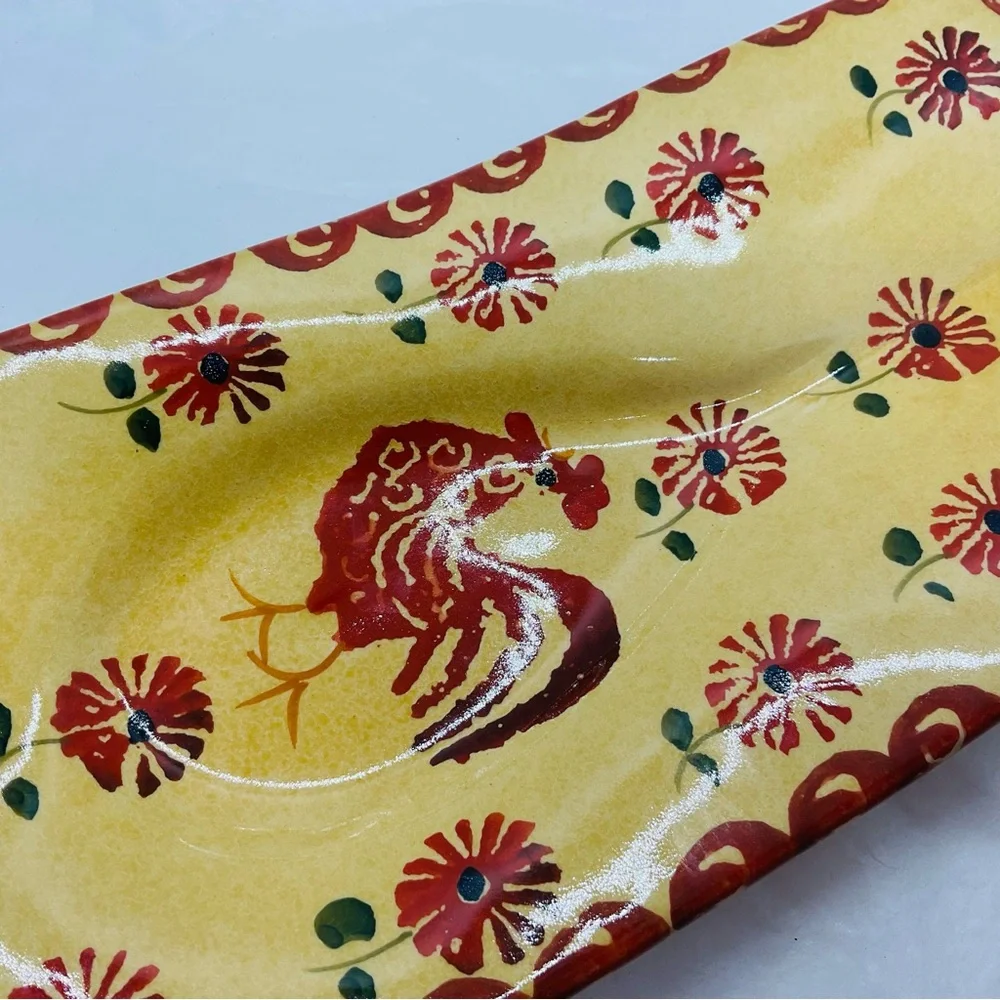 VTG Williams Sonoma 10” L x 5” W Spoon Rest Hand Painted Rooster & Flowers Italy